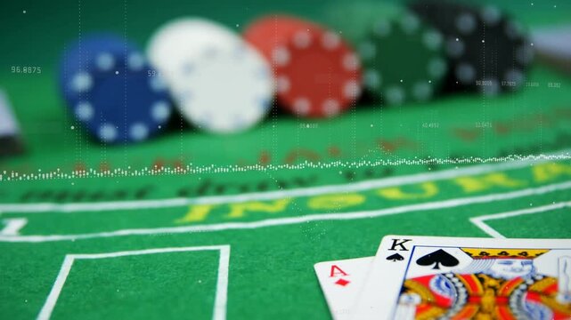 Animation of financial data processing over playing cards and chips on green background