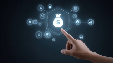 Obraz premium Hand Touching Money Icon with Digital Interface Representing Financial Transactions and Data Analytics Concepts