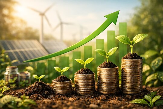Sustainable Financial Growth Concept with Seedlings and Upward Business Chart in Green Economy