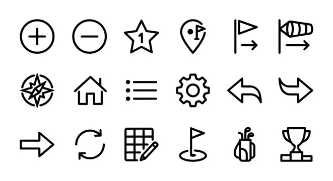 Golf navigation and scorecard UI icon set for mobile apps and digital interfaces.