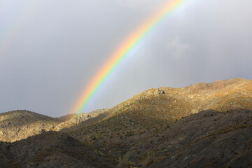 The image of a rainbow formed by the reflection and refraction of sunlight in raindrops or fog.