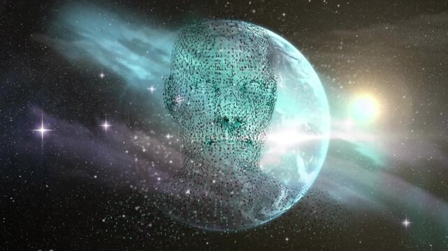 Animation of human body formed with exploding particles over blue kaleidoscope dots