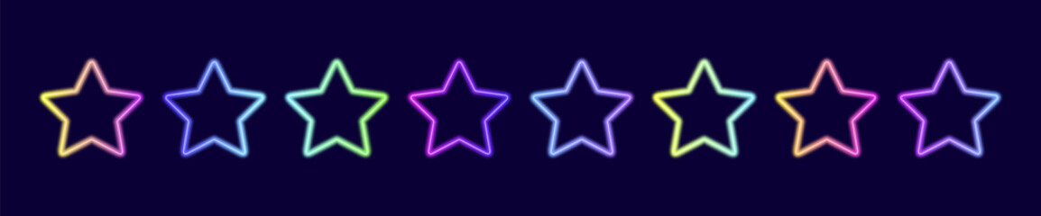 Glowing neon stars set with glowing blue, green, pink and purple light effects, vibrant and LED illumination, abstract vector frame composition. © Elena