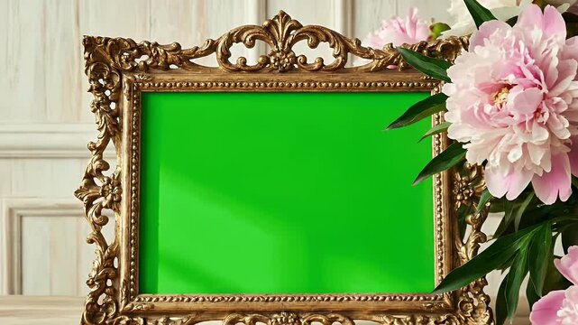 Classic ornate gold frame with a vibrant green screen mockup, surrounded by blooming pink peonies for elegant design projects