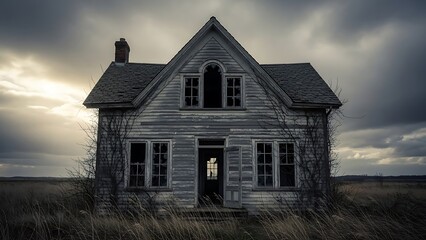 Abandoned house standing alone in a desolate field