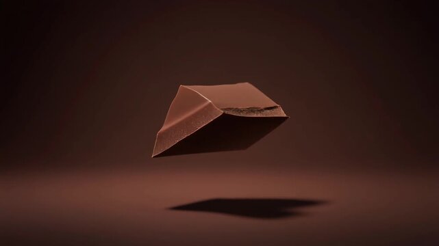 A piece of smooth, milk chocolate with a bite taken out, floating in mid-air with a subtle shadow underneath on a gradient brown background