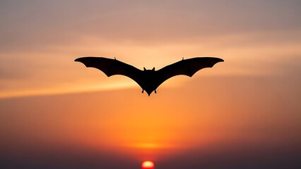 Bat flying at sunset with orange sky background