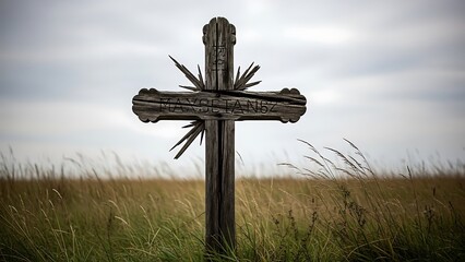 Old wooden cross standing in a field with tall grass