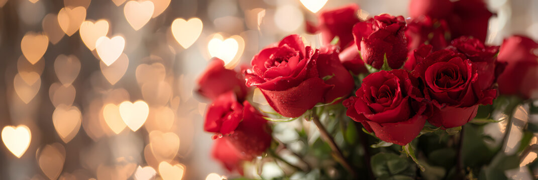 Banner per i saldi di San Valentino con rose rosse e luci a cuore per blog post di idee regalo