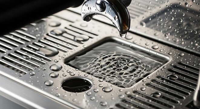 Shiny Coffee Machine Drip Tray Close Up with Droplets