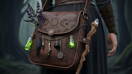 Mystical leather satchel with potions and herbs