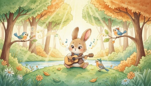 Whimsical Watercolor Illustration of Storybook Animals Rabbit learning to play the guitar in the morning forest with birds singing