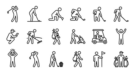 Golf player actions and etiquette icon set with swing, bunker rake, and celebration.