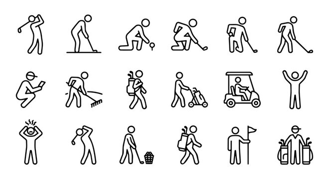 Golf player actions and etiquette icon set with swing, bunker rake, and celebration.
