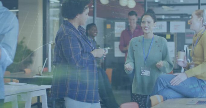Animation of graph, trading board, numbers, diverse coworkers talking during breaktime in cafeteria