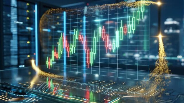 A 3D holographic projection of a Bitcoin price chart floating above a glass desk. The hologram shows glowing green and red candles with a futuristic grid background. Particles of digital gold dust aro