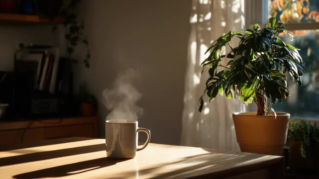 minimalist laptop desk with cup of espresso and open notebook, warm natural light