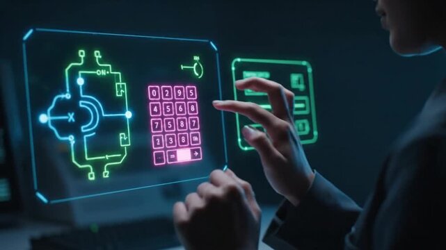 Hands Interacting with Multi Screen Holographic Control Panel with Numeric Keypad and Schematic Diagrams for Cyber Security Access