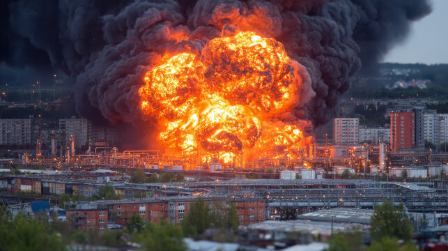 Daytime explosion in industry. A large explosion takes place in an industrial area with thick smoke rising into the sky. Nearby buildings are visible.