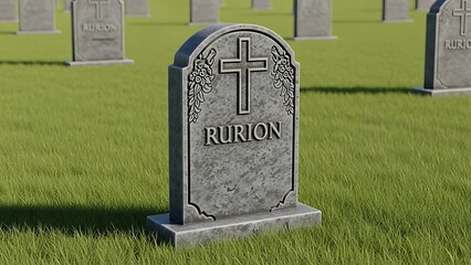 Tombstone with cross and name rurion in cemetery