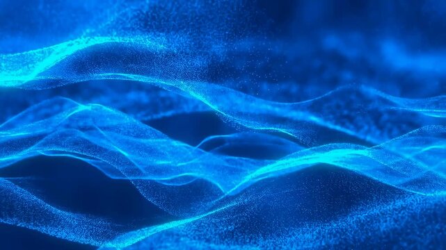 Abstract blue wave motion background with glowing particles. Represents digital technology, innovation, and fluidity in design