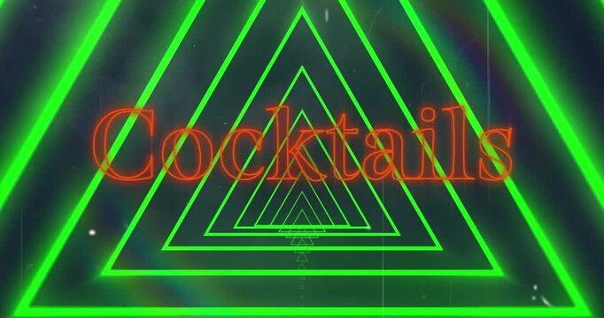 Animation of neon orange cocktail text banner over triangular tunnel in seamless pattern