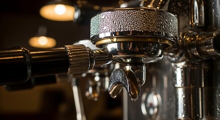 Shiny Espresso Machine Portafilter with Knob and Handle in Dim Bar Setting