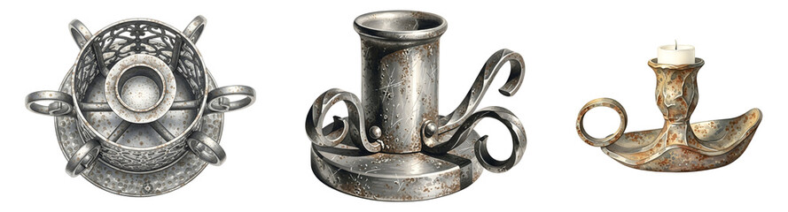 Collection of antique candlestick holders and oil lamp isolated on transparent background
