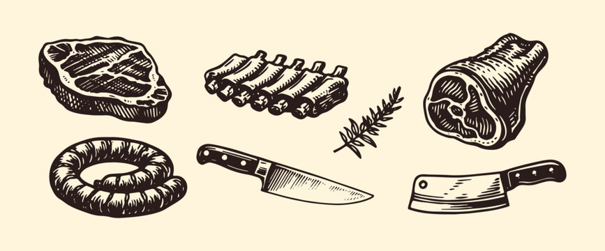 Butcher meat set engraving style vector illustration