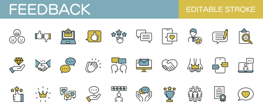 フィードバック・評価・コメントに関するラインアイコンセット（線幅変更可能・カラー）　