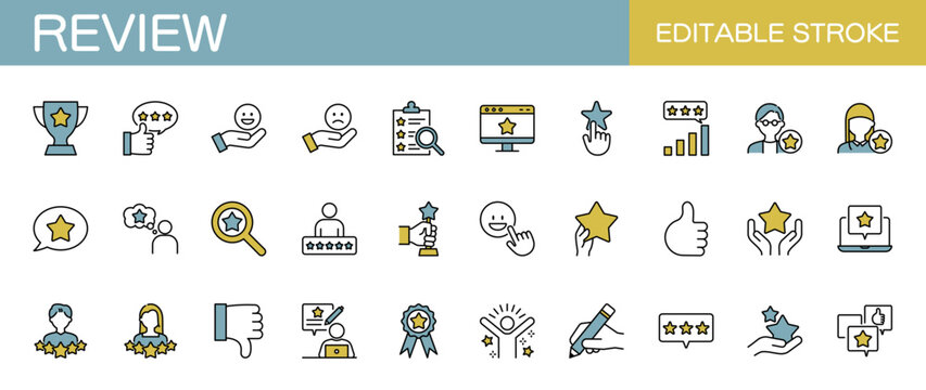 レビューに関するアイコンセット　口コミ・評価・ランク付けなど（線幅変更可能・カラー）