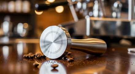 Brushed Stainless Steel Portafilter on Wooden Table with Coffee Beans