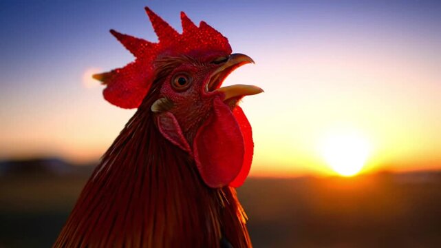 Close-up of a vibrant red rooster crowing loudly against a beautiful blurred sunrise background in a farm or rural countryside setting.