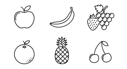 Line Art Fruit Icons Set with Apple Banana Grapes Pineapple Orange Cherry