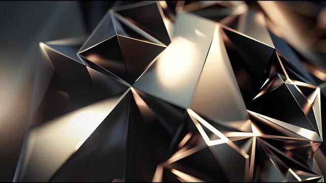 Dark metallic geometric structure with sharp edges, bronze highlights on futuristic 3D surface.