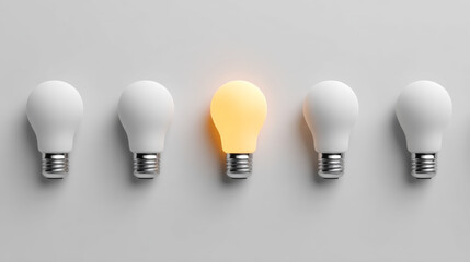 Row of bulbs, one aglow. Five light bulbs are lined up on a gray surface, with one bulb glowing a bright yellow among the others.