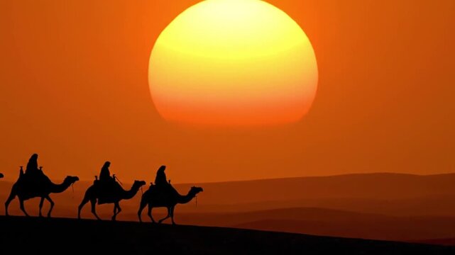 Caravan Silhouettes Amid Sunset Over Desert Dunes.