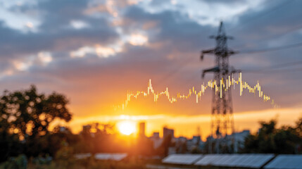 Sunset view with power lines in the city. A city skyline shows during sunset with power lines standing tall against the colorful sky. Solar panels reflect light.