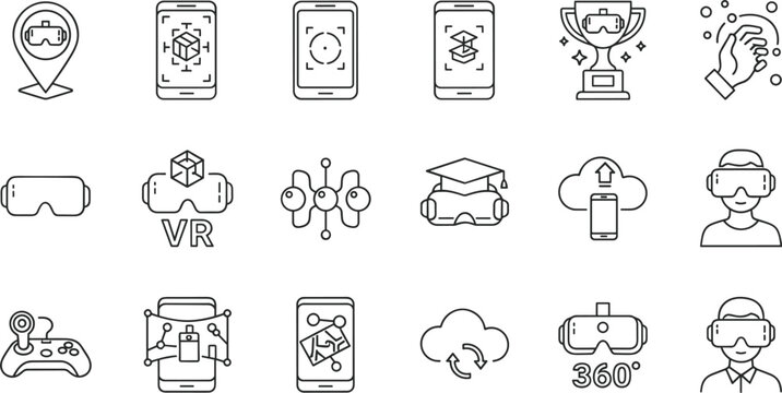 Virtual reality and metaverse technology icon set featuring VR devices apps gaming education cloud immersive digital experiences outline vector