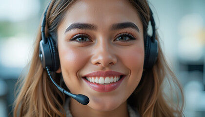 Smiling customer service representative wearing a headset in a modern office