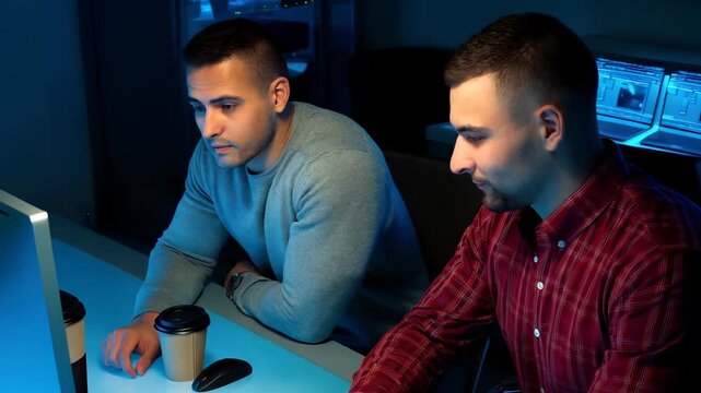 Two Men Collaborating on Computer in Office at Night