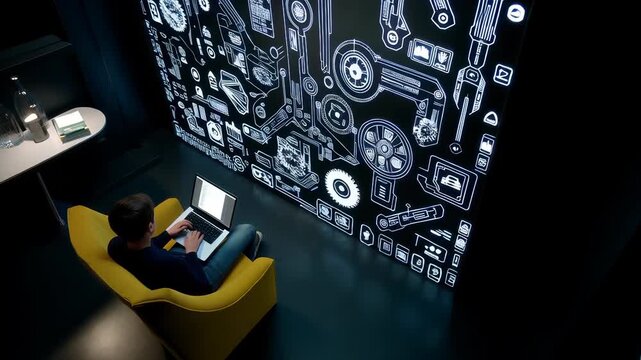 Man Working on Laptop in Futuristic Tech Environment