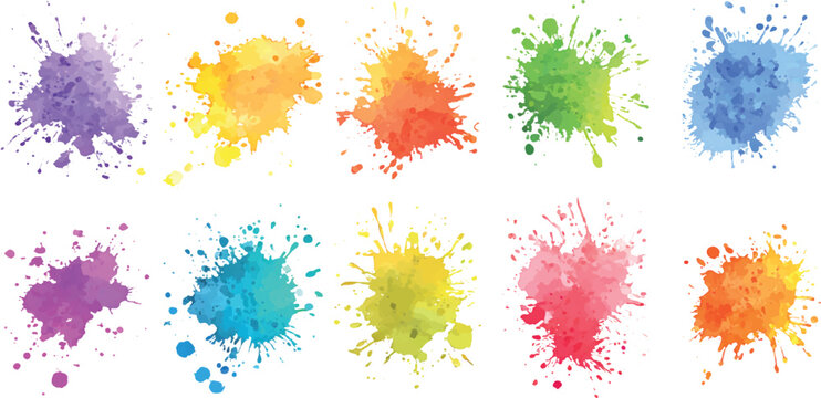 Collection of abstract watercolor paint splatters on a white background. A vibrant collection of colorful paint splatters and ink splotches isolated on white background. 