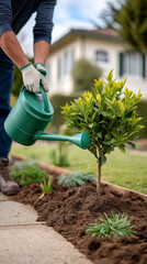 Fototapeta premium Watering a young plant in the garden. A person waters a small plant in the garden using a green watering can. The sun is shining, and the area is well kept.