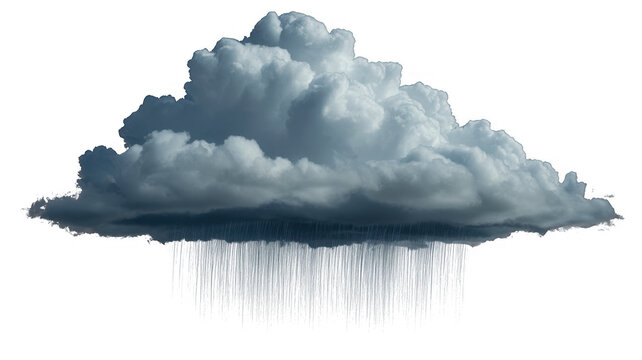 Large white fluffy rain cloud with rain falling from it isolated on a transparent background