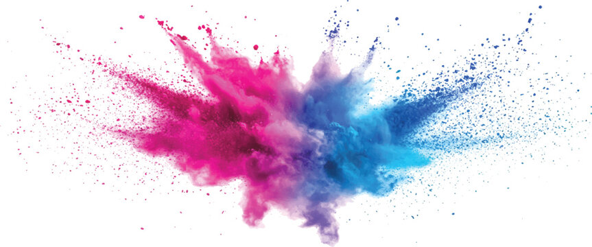 A dynamic and vibrant explosion of colorful powder against a white background. Vibrant explosion of pink and blue color powder creating a dynamic abstract splash on a white background.