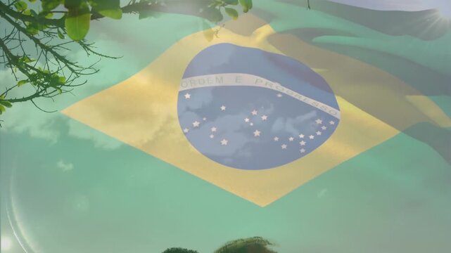 Animation of waving brazil flag against african american couple kissing at the beach