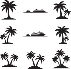 Fototapeta premium Minimalist Tropical Cruise Ship Sailing Between Palm Trees Vector Illustration