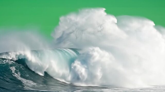 Wide Angle Ocean Wave Crashing Violently on Green Screen