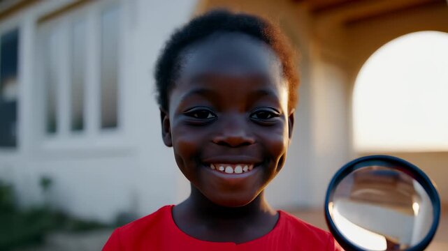 Happy Child Holding Mirror Outdoors